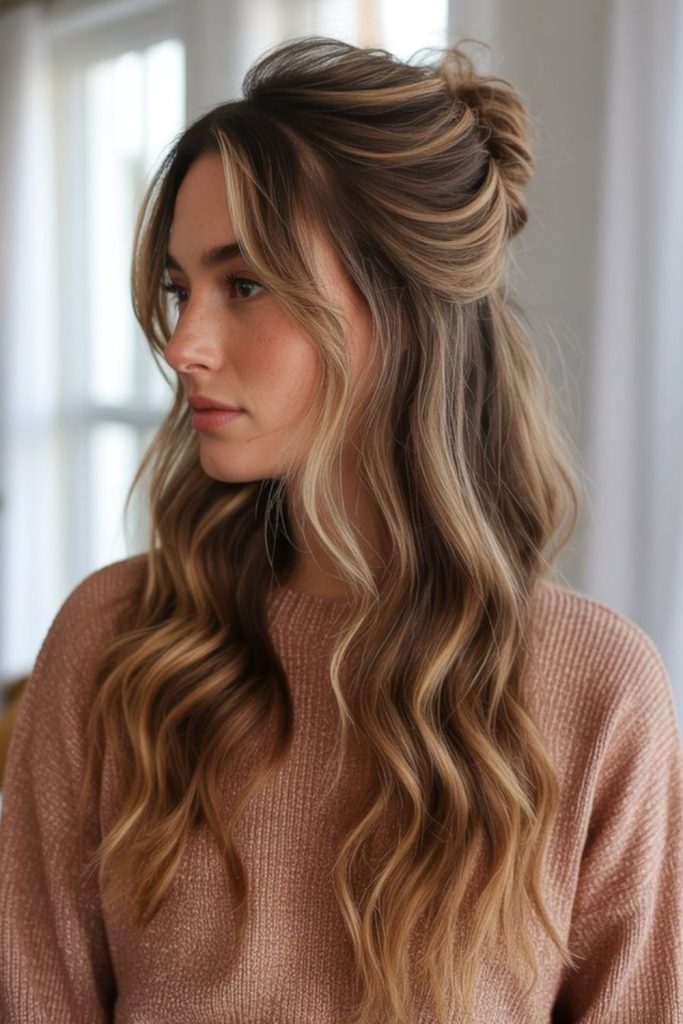 Half up style with soft fringe.