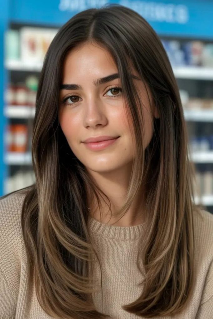 Natural straight hair falling past shoulders