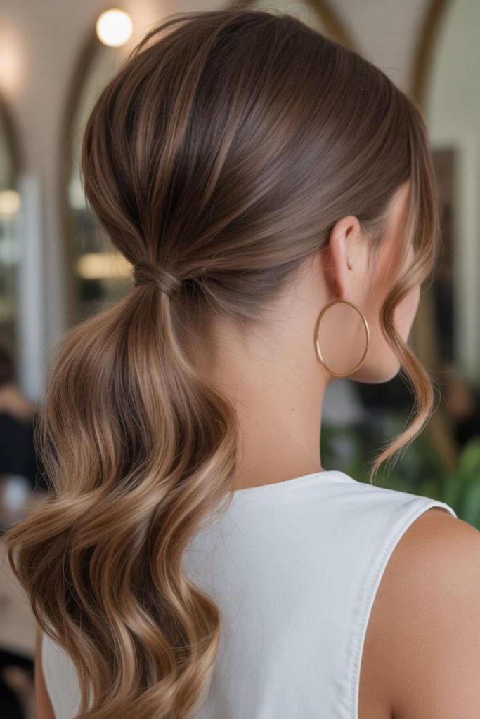 Honey-toned straight hair tucked behind