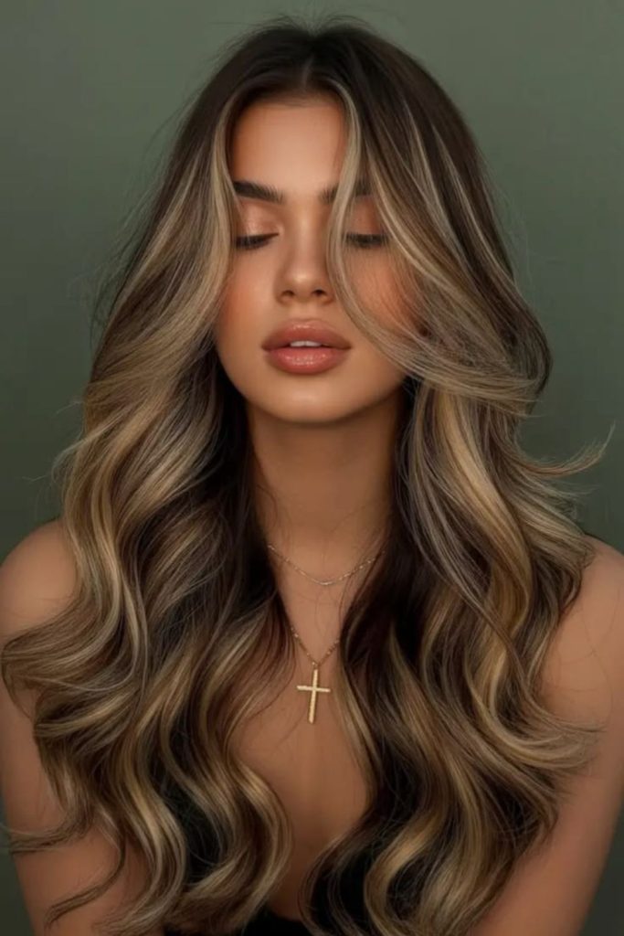 Smoky ash balayage dark hair.