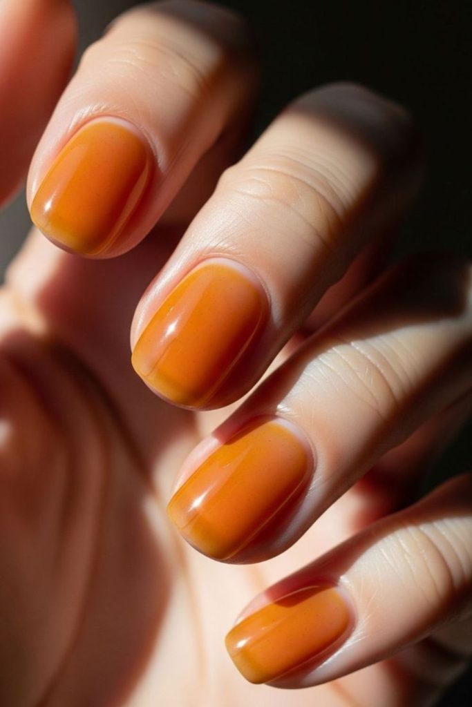 Amber glass transparent glowing orange nails.