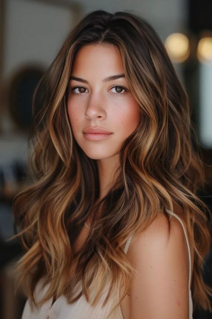 Amber wave cascade sunlit brunette movement