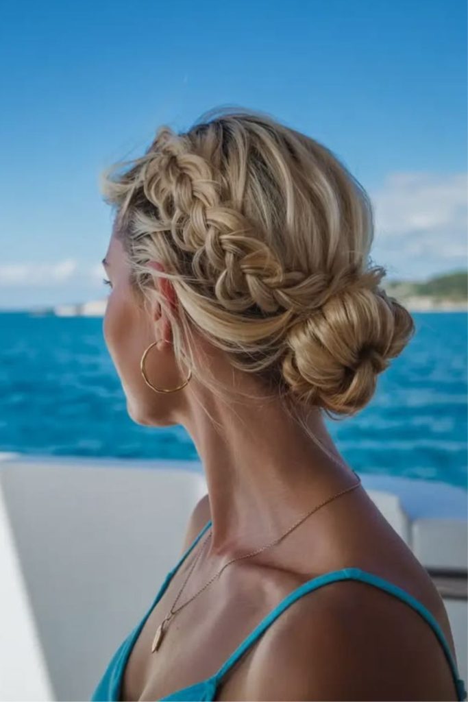 Crisscross braid crown intricate pool hairstyle.