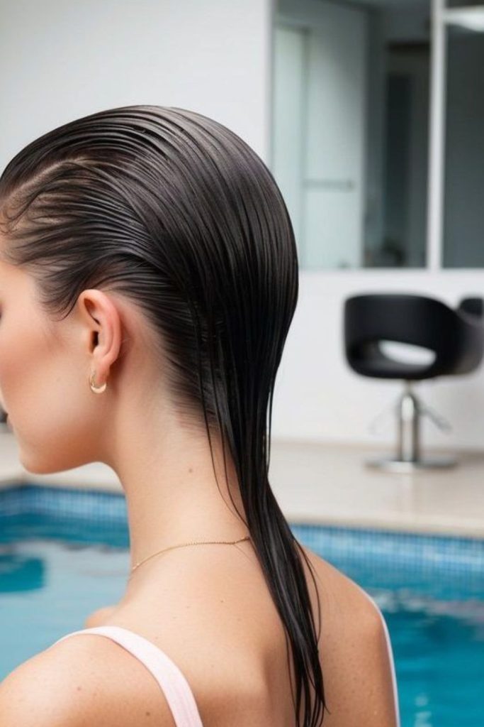Sleek wet hair poolside crown shine.