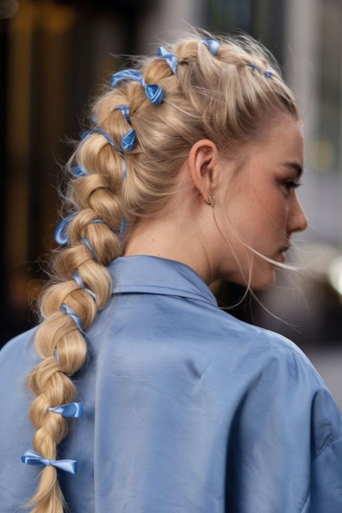 Braided ponytail ribbon inspired pool hairstyle.