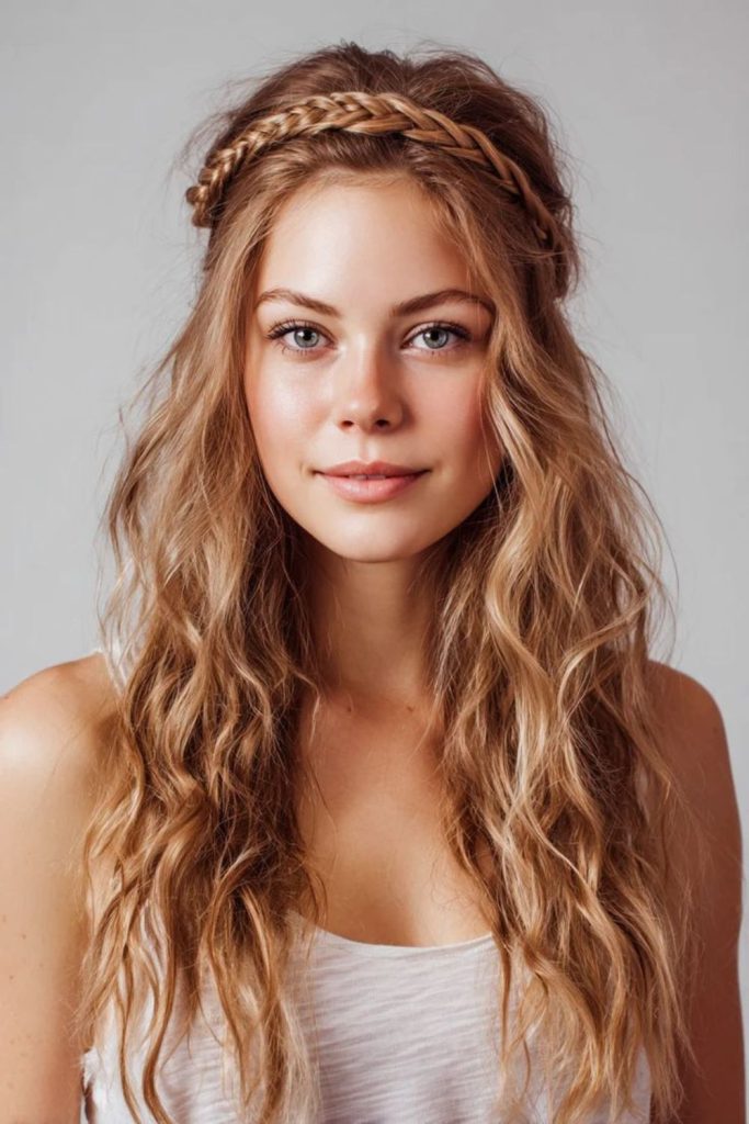 Spiral crown wrap boho textured hairstyle.