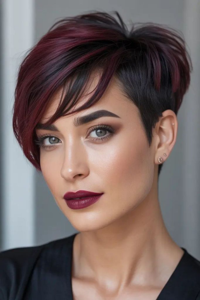 Burgundy flick bixie rich colored layered movement cut