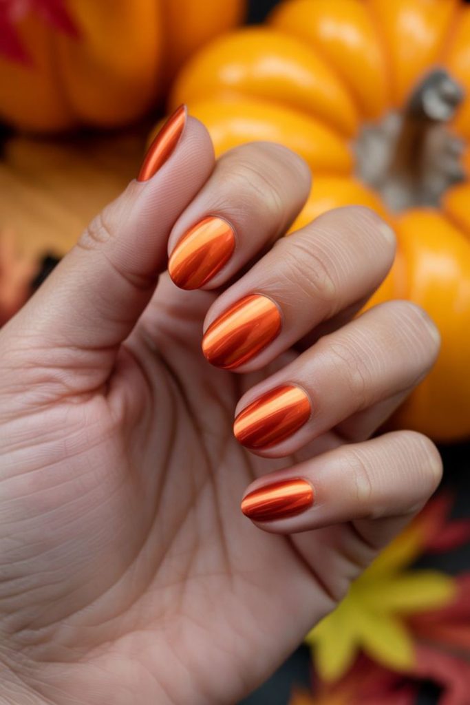 Copper shimmer orange metallic glowing nails.