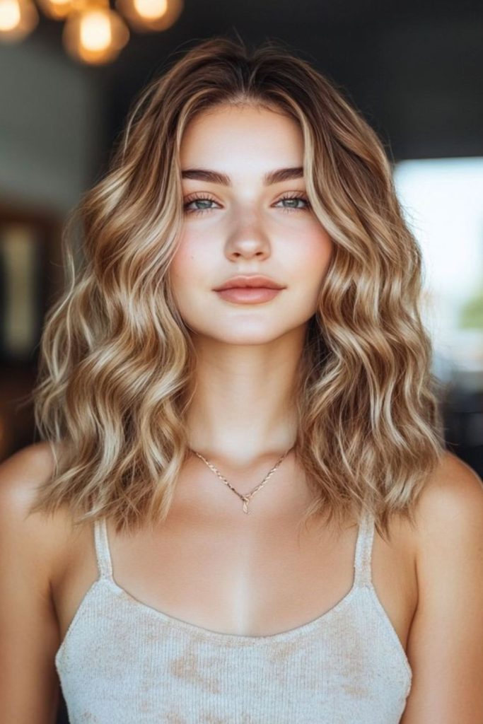 Caramel balayage rich glossy wavy hair