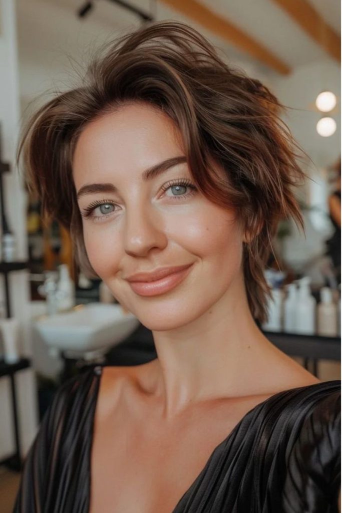 Sleek urban bixie with flicked ends.