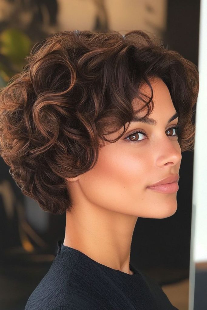 Cinnamon puff short curly bob style.