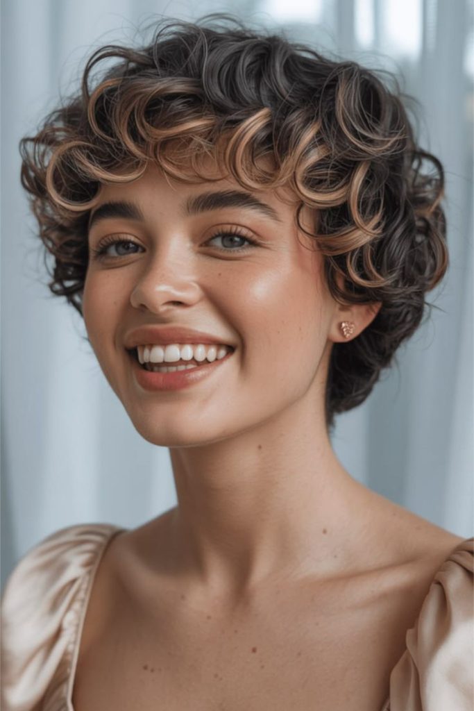 Cocoa spiral short crop curls style.