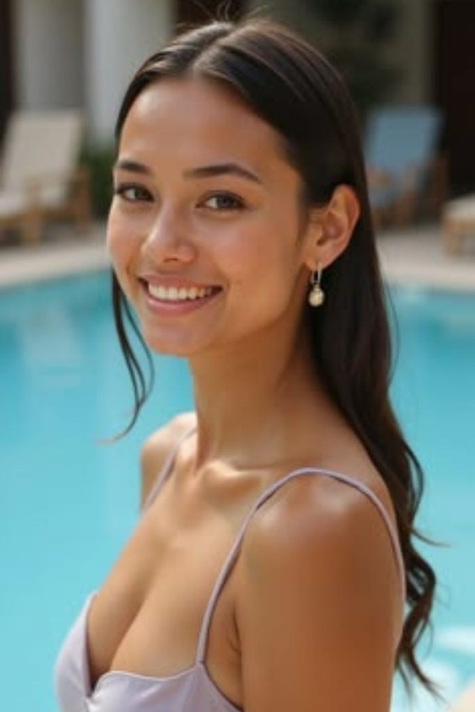 Sleek middle part straight pool hairstyle.