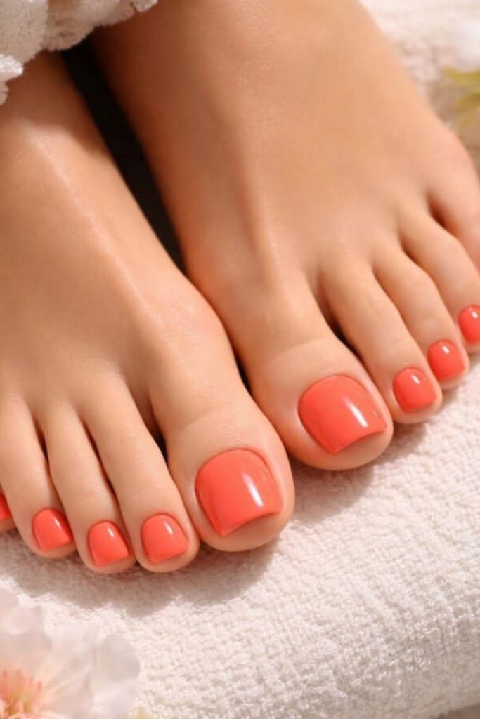 Coral tropical glossy beach toe nails