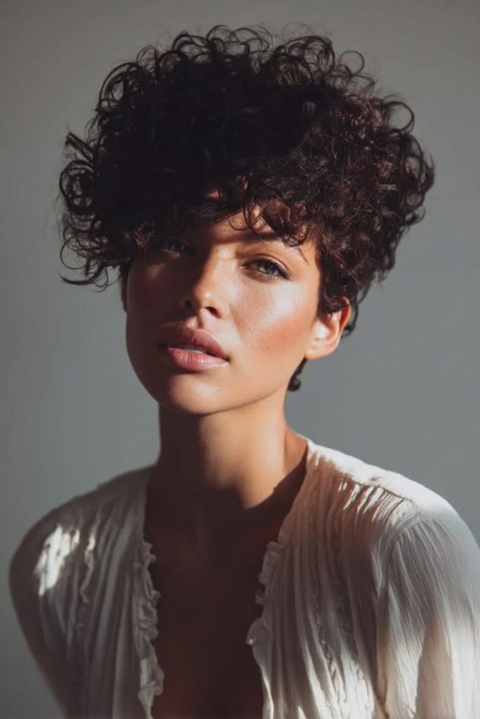 Cotton mist short curly pixie style.