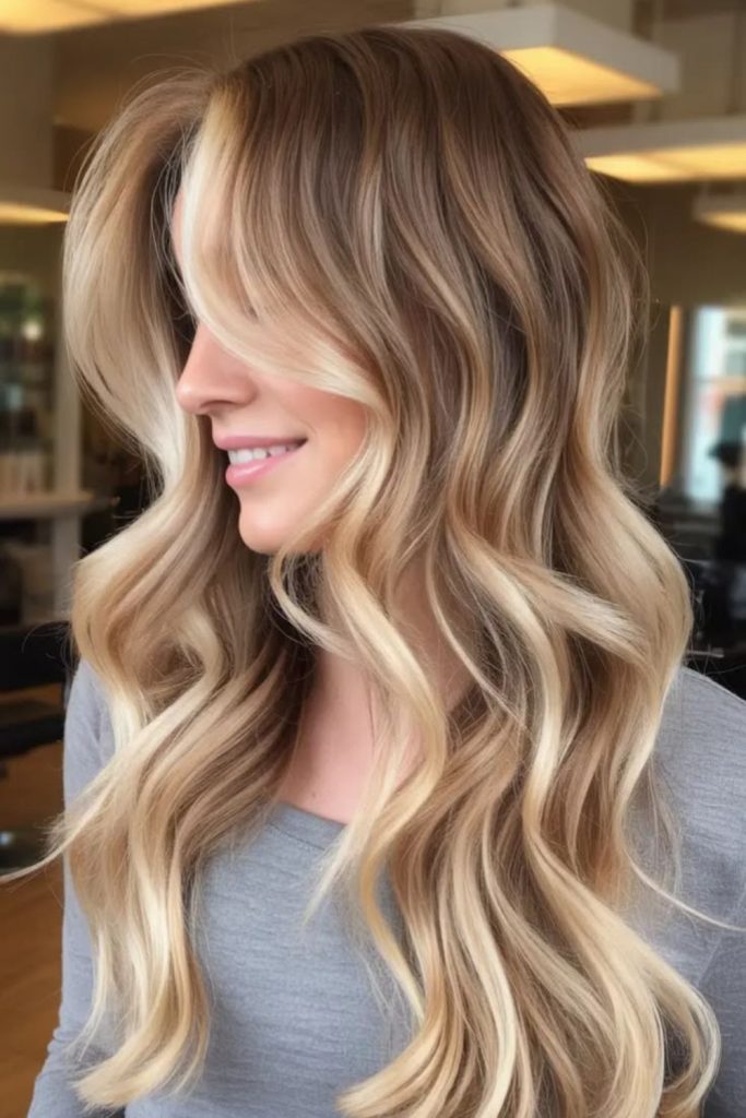Latte balayage creamy blended wavy texture