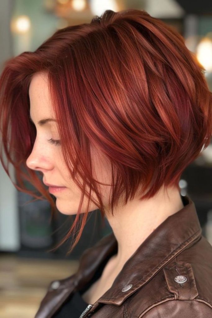 Crimson short bob vibrant flick style