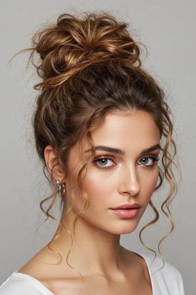 Messy bun windswept textured casual look.