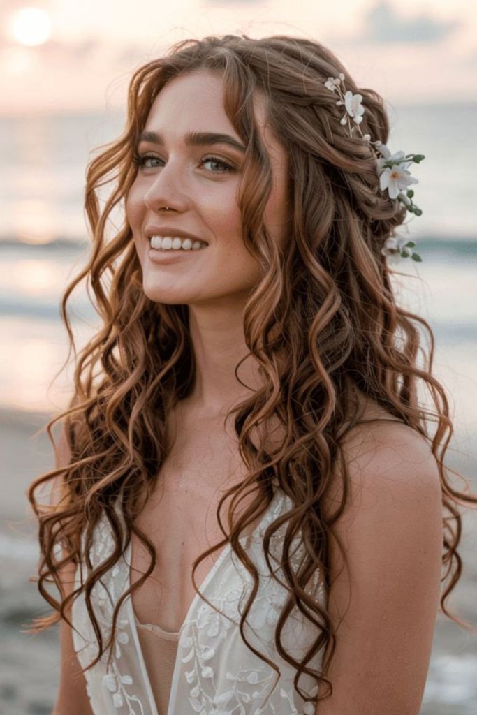 Soft curl halo dewy bridal texture