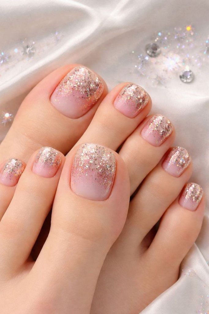 Diamond dust nude sparkling toe nails