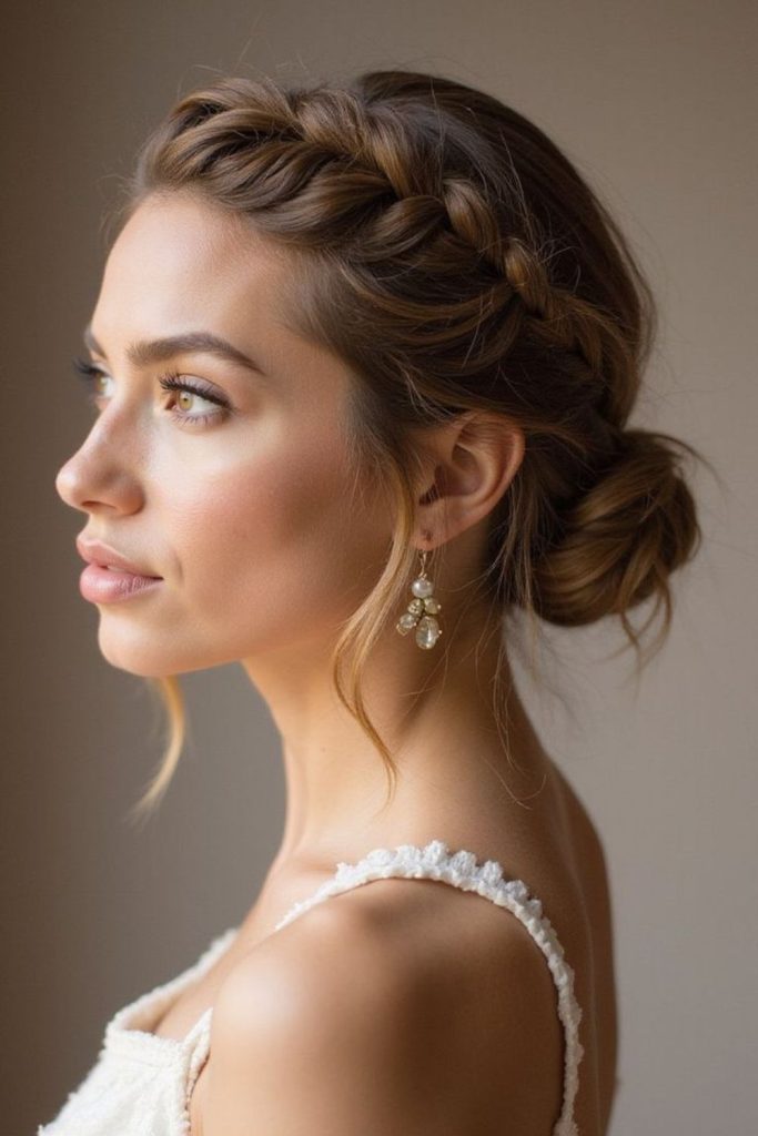 Dreamcoil spiral bun with loose curls and ethereal soft prom