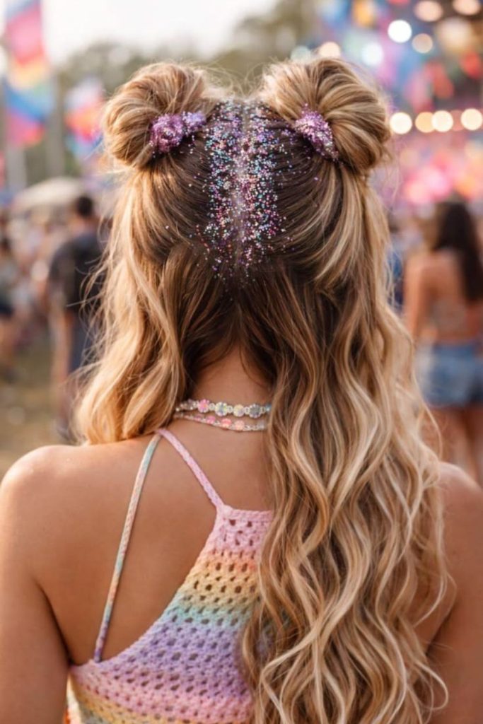 Glitter part loose festival inspired hair.