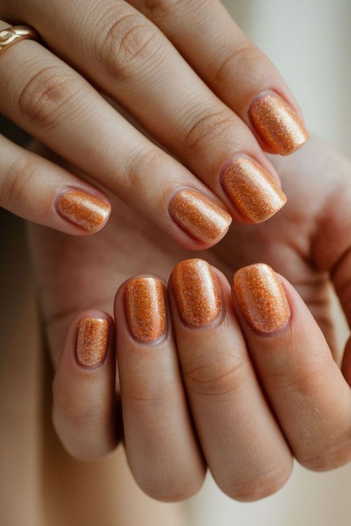 Firefly glitter orange sparkling glossy nails.