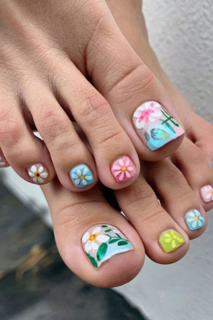 Floral burst colorful garden toenail design
