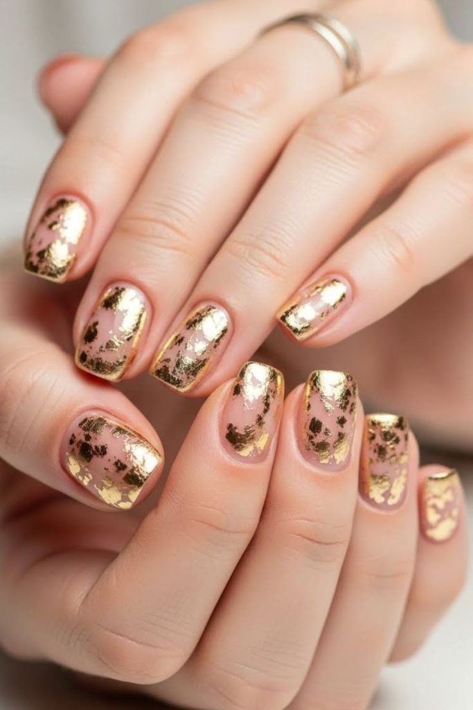 Gold foil flake nail art