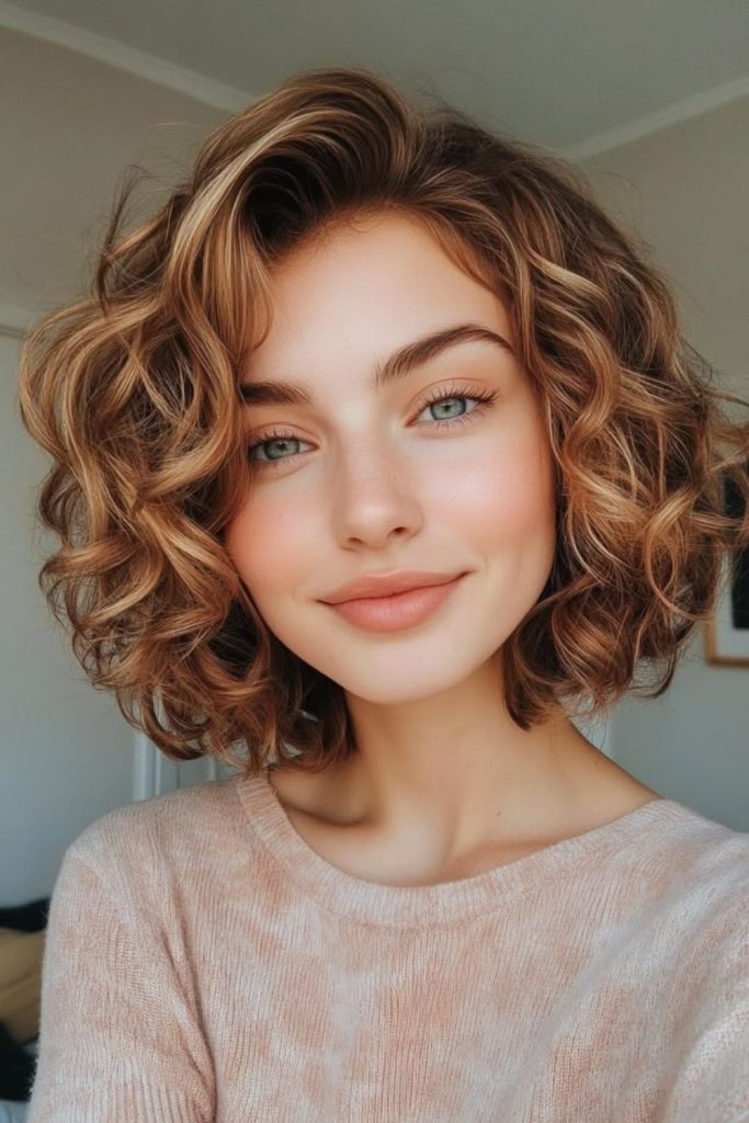 Golden halo short curly bob style.