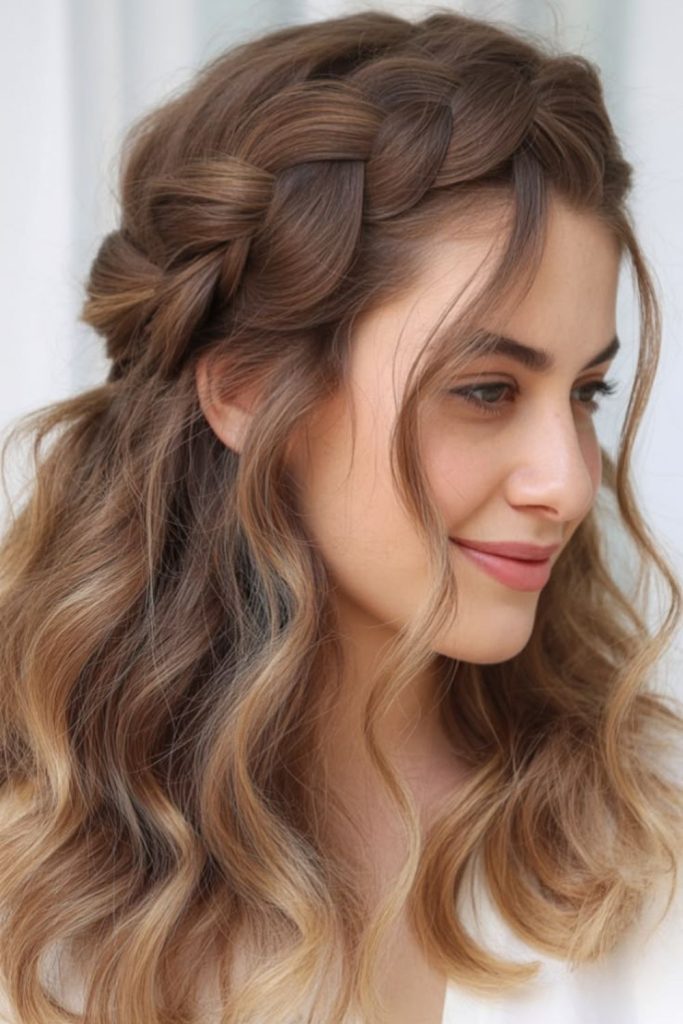Golden halo loose braid with soft crown weave