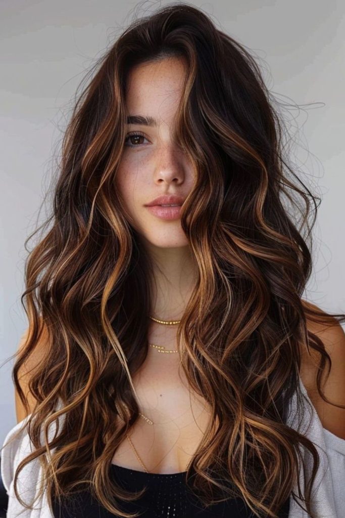 Golden mocha ripple flowing sunlit brunette tones