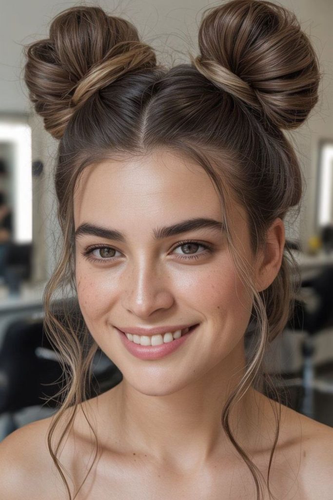 Golden spiral space buns dual buns playful festival summer hair