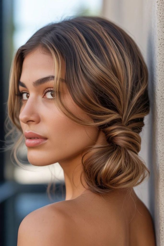 Low bun twisted golden elegant hairstyle.