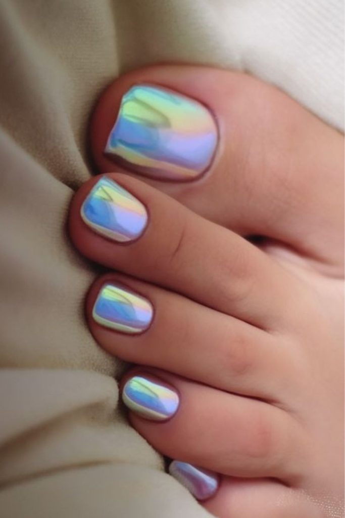 Holographic rainbow shine modern toenail look