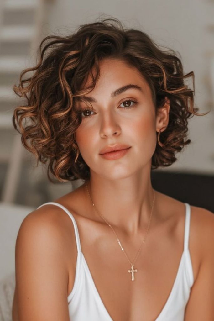 Honey toned short curly crop style.