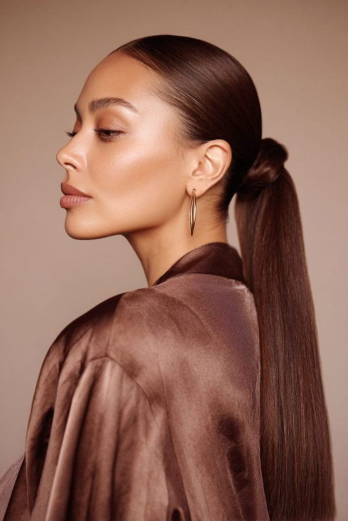 Slick back glossy honey toned hair.