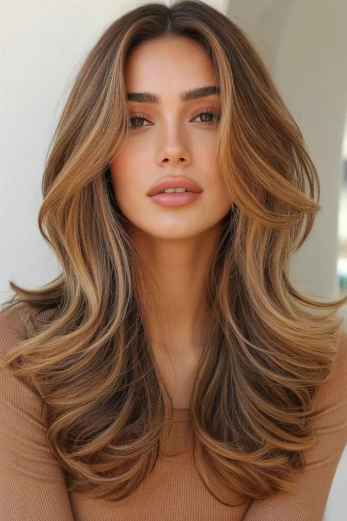Honey Glow voluminous layered blowout hair.