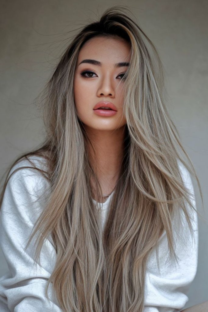 Straight sleek icy toned long hair.