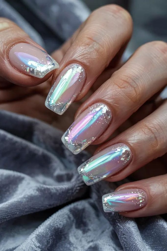 Iridescent shiny film tip nails