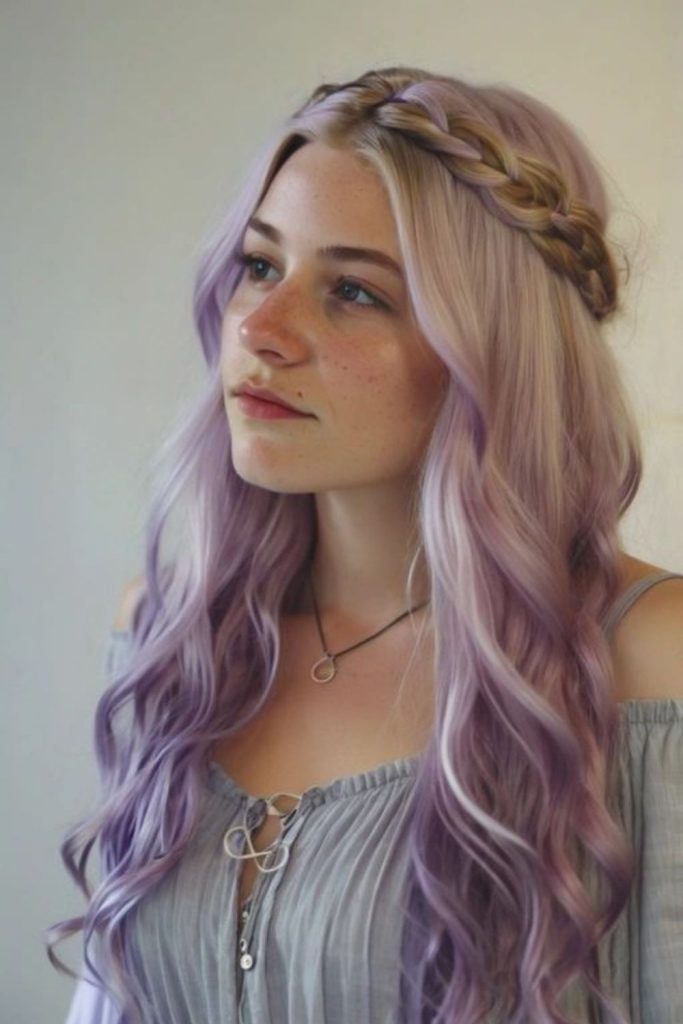 Lavender drift half up romantic soft half tied wavy hair