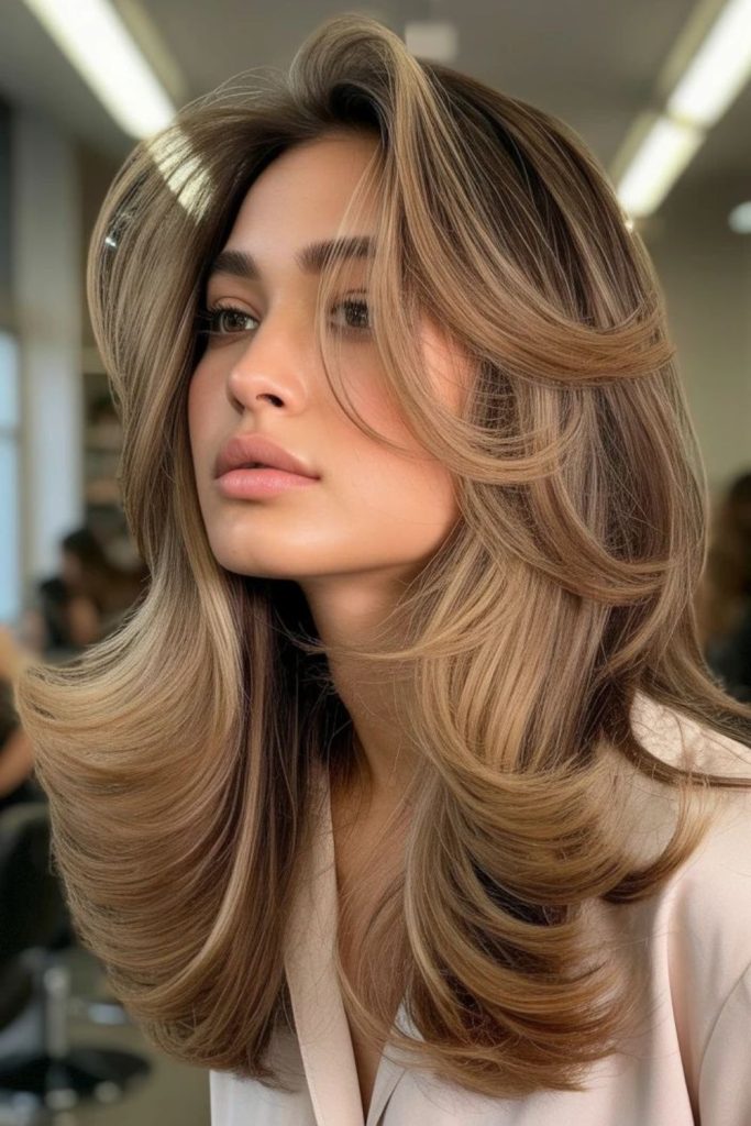 Layered flip retro flowing hairstyle