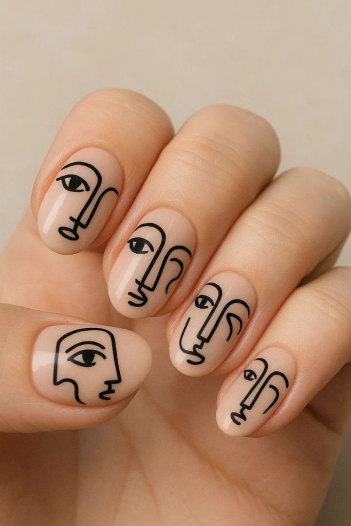 Minimal face line art nails