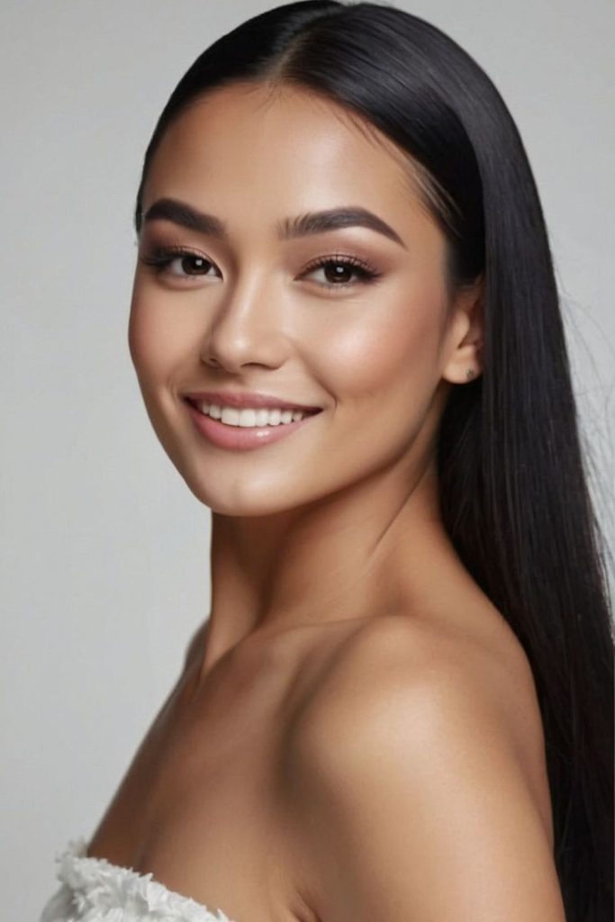 Long straight glossy bridal hair look