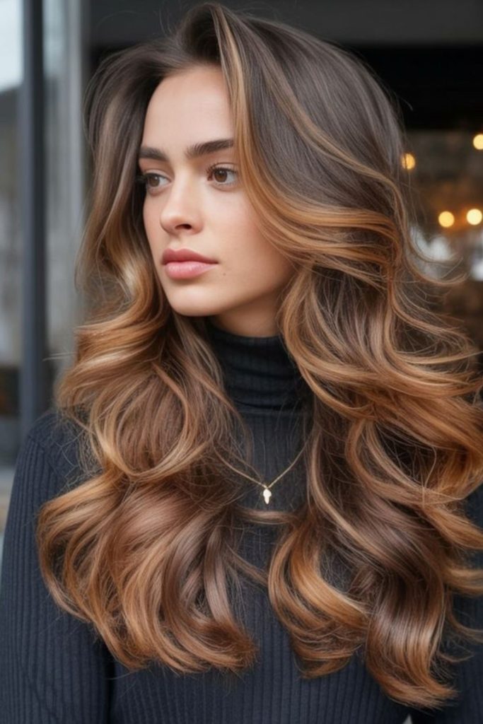 Mocha honey veil streaks soft warm brunette