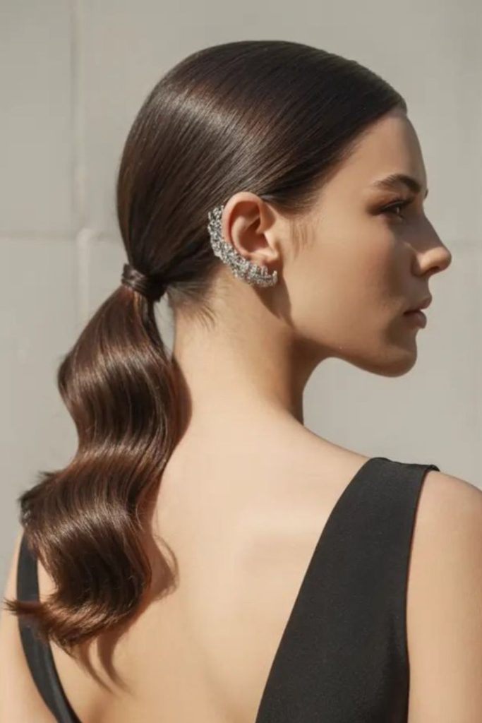 Moon pearl low pony soft calm hair elegance