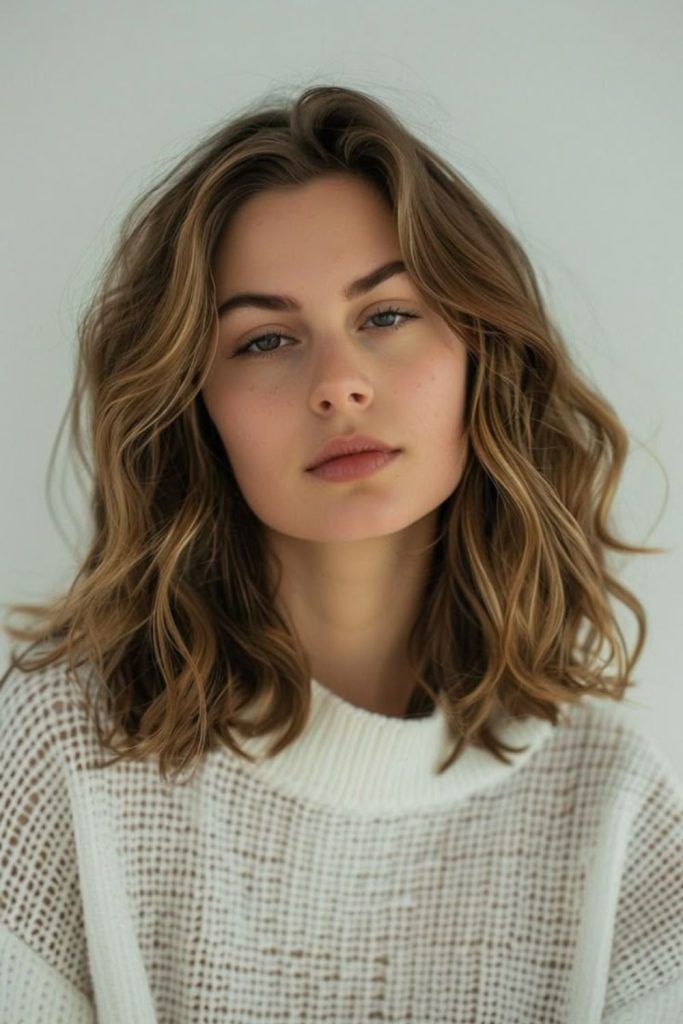 Wavy collarbone length soft textured hair