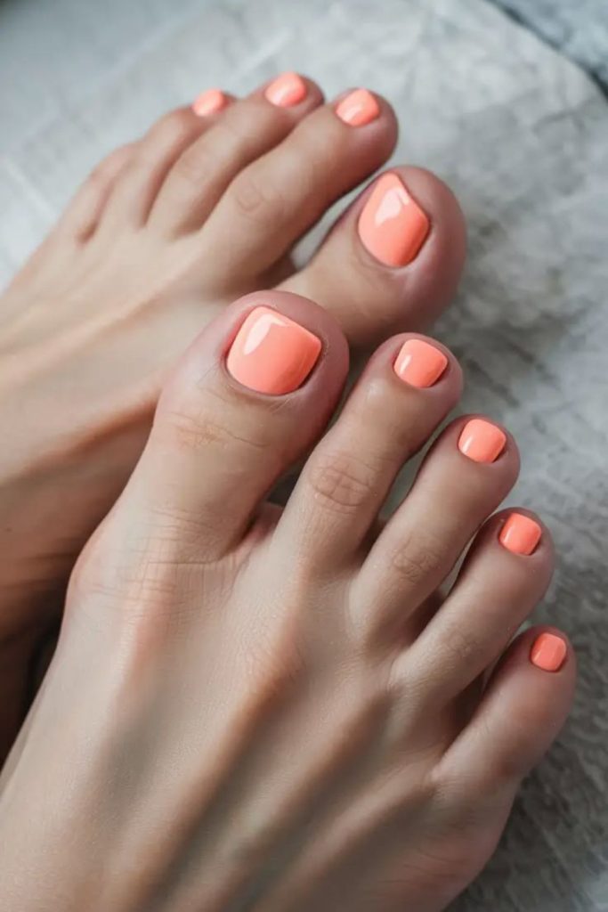 Neon peach bright bold trendy toenail look