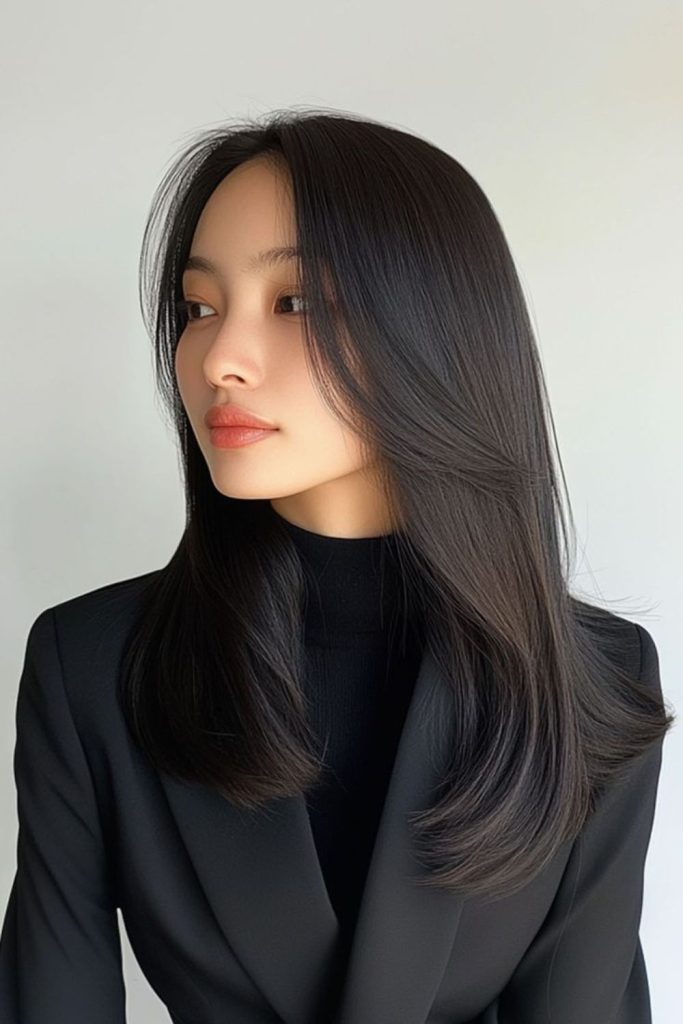 Dark sleek medium layered flowing hairstyle