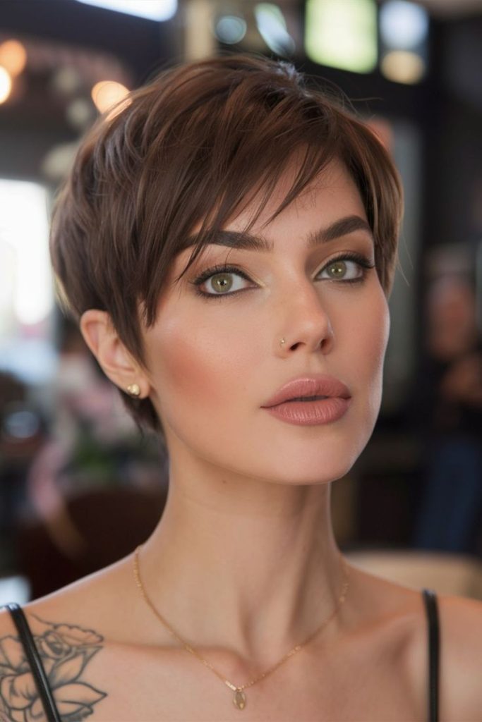 Noir sweep pixie cut dark elegant side fringe